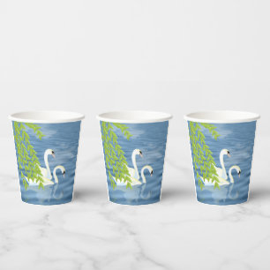 Painting Blue and Green pair of Swans on the lake Paper Cups