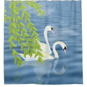 Painting Blue and Green pair of Swans on the lake Shower Curtain