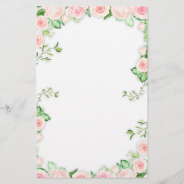 Painting Border of Sweet Pink Roses Stationery (Front)
