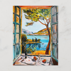 Painting breakfast on window view Mediterran sea Postcard