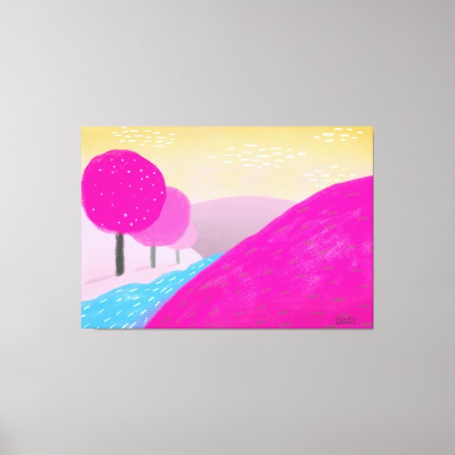 Painting bright pink hills river original art canvas print (Front)