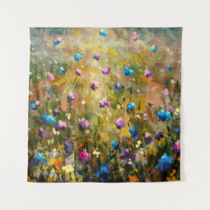 painting closeup Beautiful meadow of blue pink fl Tapestry