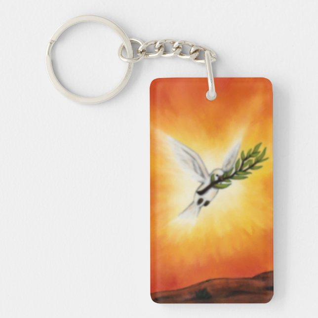 painting flying white peace dove with twig key ring (Front)