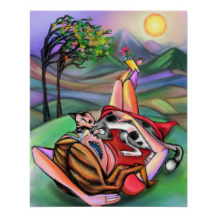 Painting Girl and Cat In Nature Poster