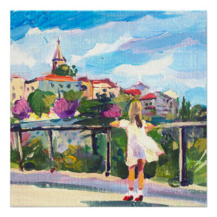 painting, girl siltrite on european mediaeval city poster