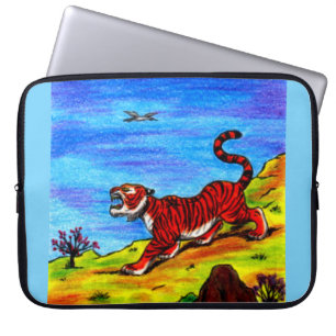 Painting Illustration Tiger and flying bird in nat Laptop Sleeve