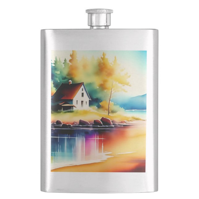 Painting Lake House By Water-56555 Hip Flask (Front)