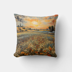 Painting Landscape Sunset Flower Field Cushion