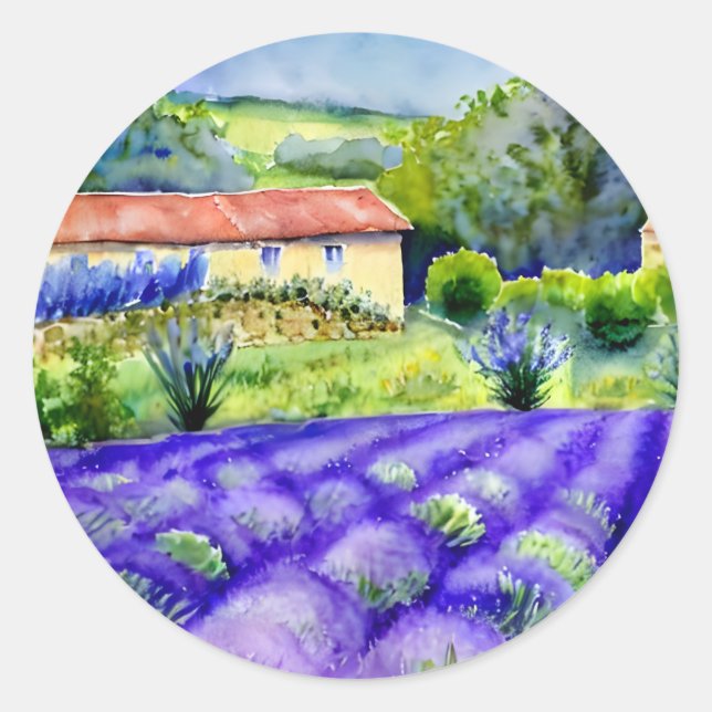 Painting Lavender fields  Classic Round Sticker (Front)
