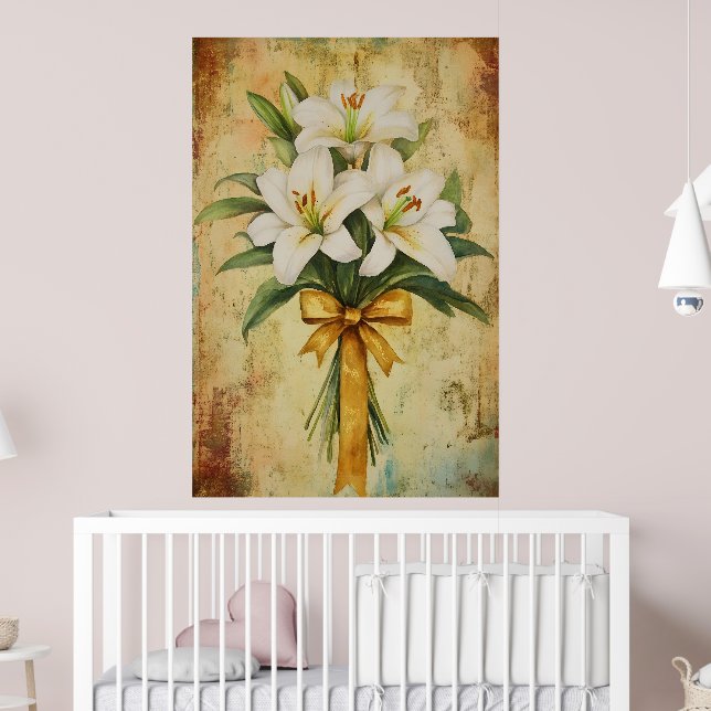 Painting of a bouquet of white lilies with a gold  poster (Nursery 2)