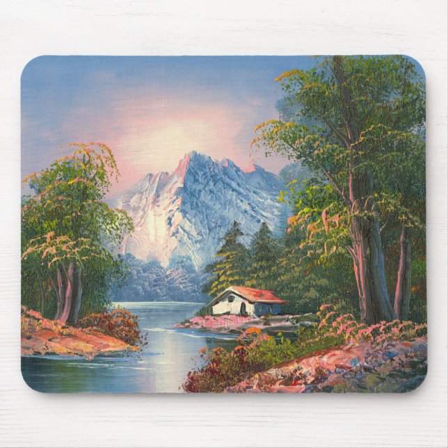 Painting Of A Cabin Along A Mountain River Mouse Pad (Front)