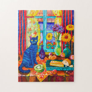 Painting of a Cat on Kitchen Table by Window Jigsaw Puzzle