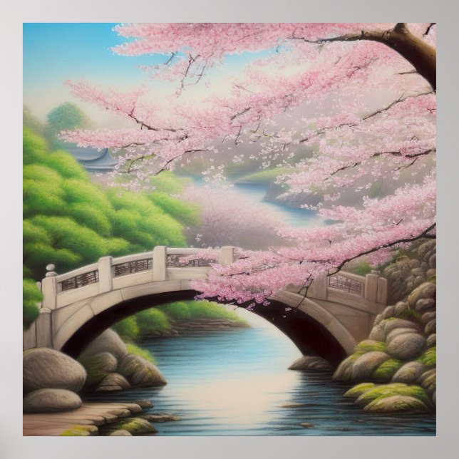 Painting Of A Cherry Blossom Tree At A Bridge Poster (Front)