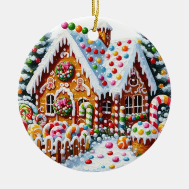 Painting of a Colourful Candy Gingerbread House Ceramic Tree Decoration (Front)
