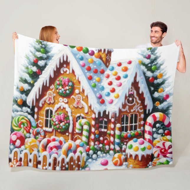 Painting of a Colourful Candy Gingerbread House Fleece Blanket (In Situ)