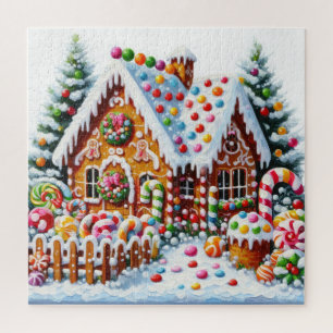 Painting of a Colourful Candy Gingerbread House Jigsaw Puzzle