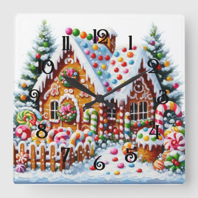 Painting of a Colourful Candy Gingerbread House Square Wall Clock (Front)