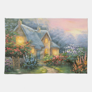 Painting Of A Rustic Fantasy Cottage Tea Towel