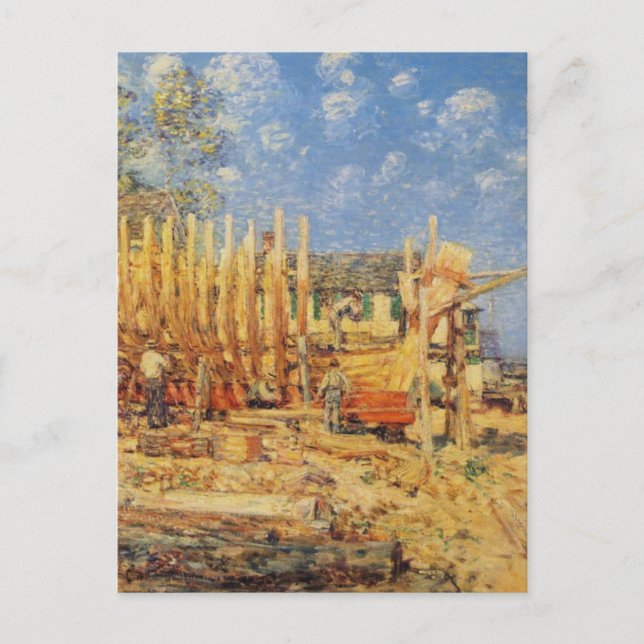 Painting of a Schooner being built in Provincetown Postcard (Front)