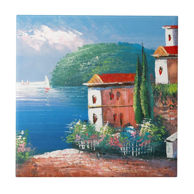 Painting Of A Seaside Villa In Italy Tile (Front)