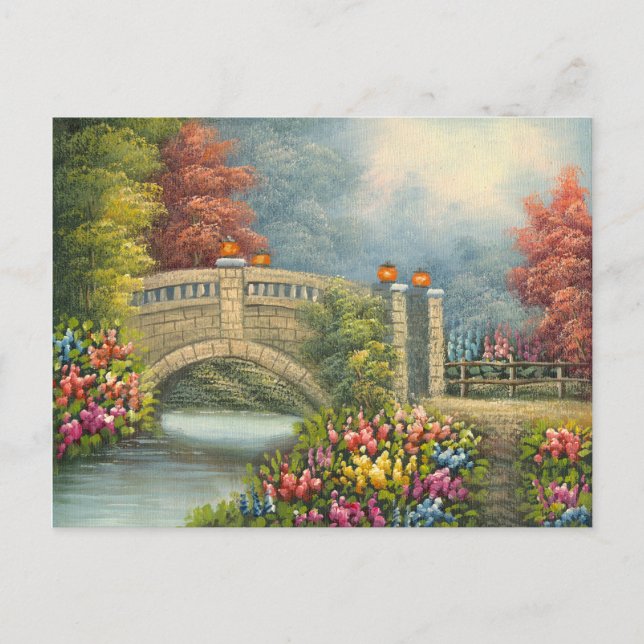Painting Of A Walking Bridge Surrounded By Flowers Postcard (Front)