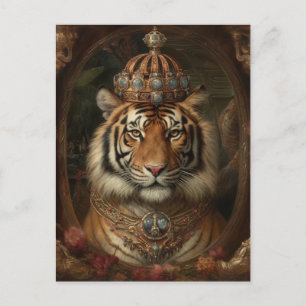 Painting of an tiger with a crown and flowers postcard