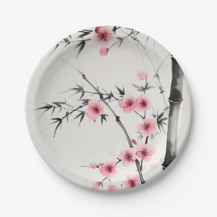 Painting of bamboo and cherry blossoms in wash  paper plate