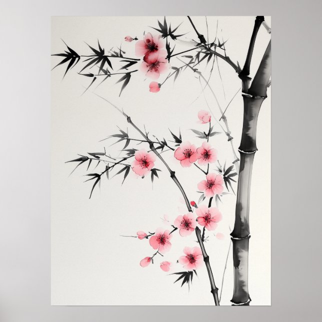 Painting of bamboo and cherry blossoms in wash  poster (Front)