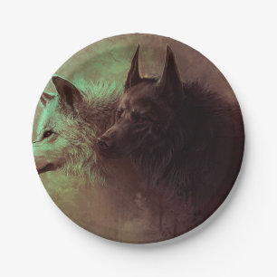 Painting of black wolf and white wolf. paper plate