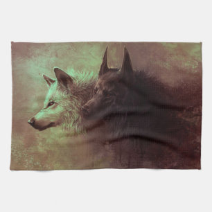 Painting of black wolf and white wolf. tea towel