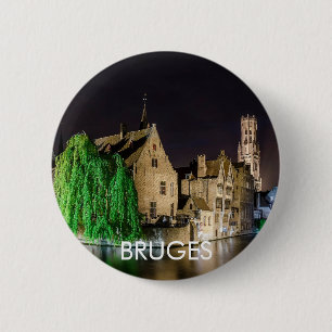Painting of Bruges old town and Belfry tower 6 Cm Round Badge