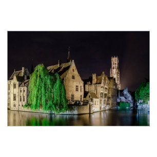 Painting of Bruges old town and Belfry tower Poster
