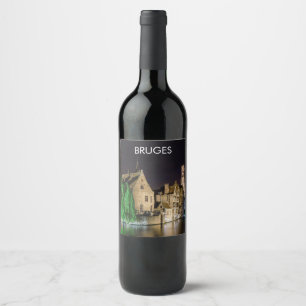 Painting of Bruges old town and Belfry tower Wine Label