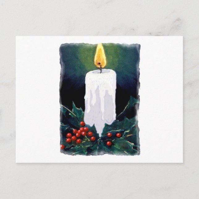 Painting of Candle and Holly: Christmas Holiday Postcard (Front)
