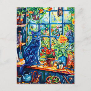 Painting of Cat on Garden House Windowsill Postcard