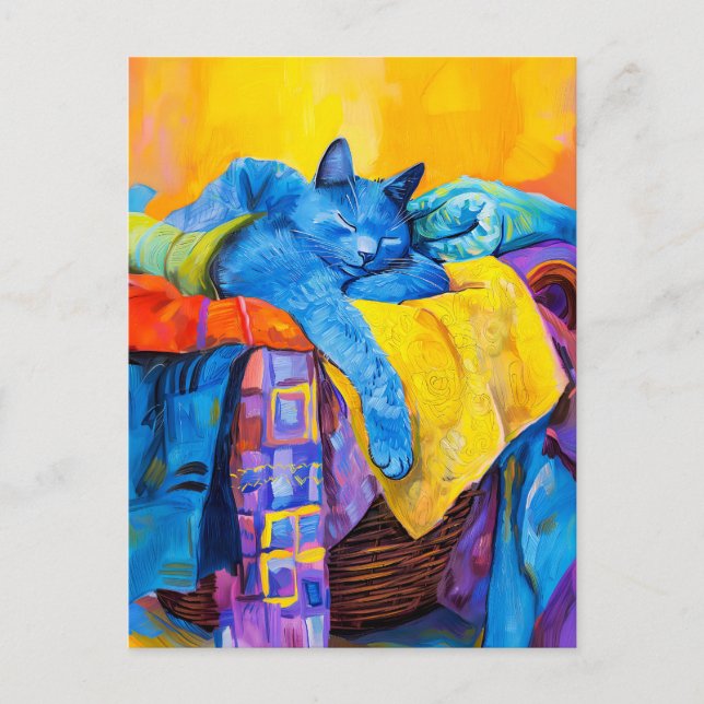 Painting of Cat Sleeping in Laundry Pile Postcard (Front)
