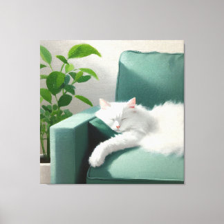 Painting of Cat Sleeping on a Green Couch Canvas Print