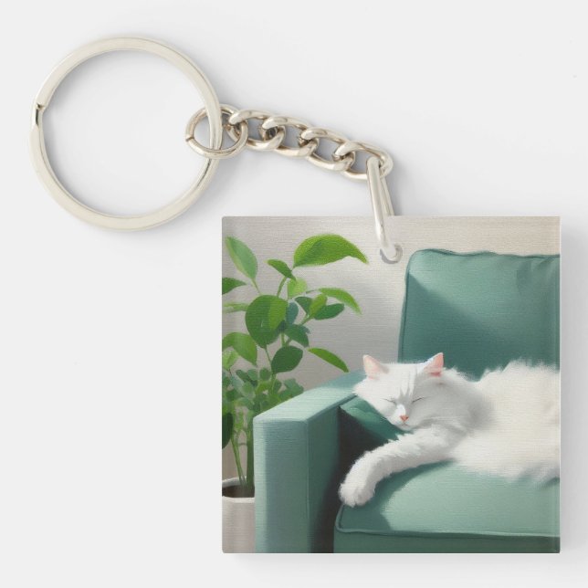Painting of Cat Sleeping on a Green Couch Key Ring (Front)