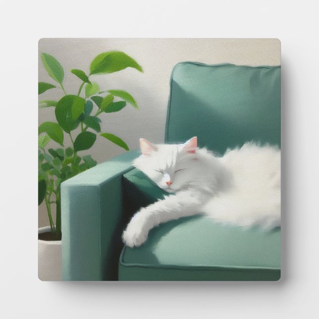 Painting of Cat Sleeping on a Green Couch Plaque (Front)