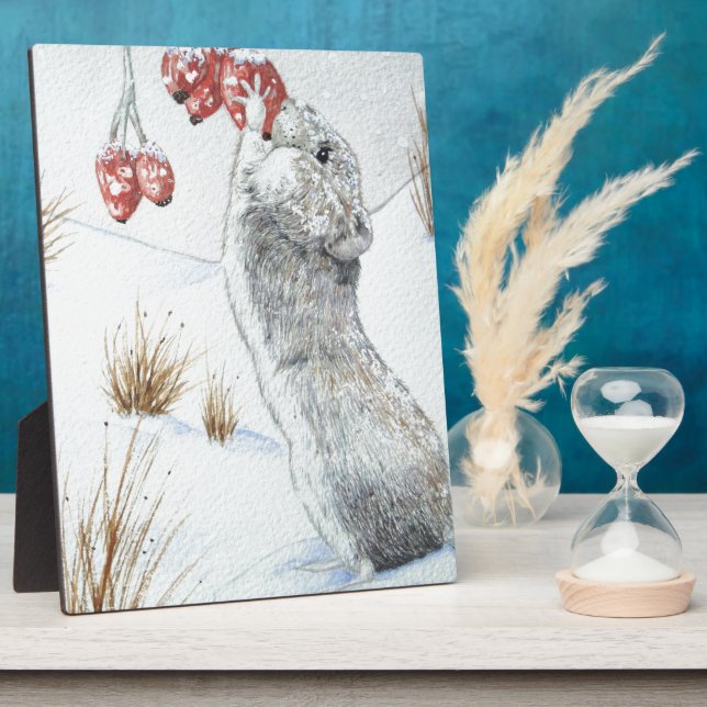 painting of cute mouse snow scene wildlife plaque (Side)