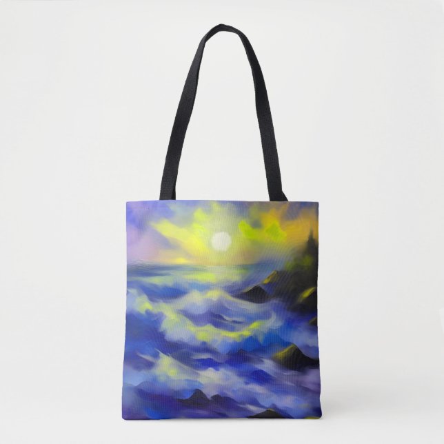 Painting of dark blue sea waves under the sun tote bag (Front)