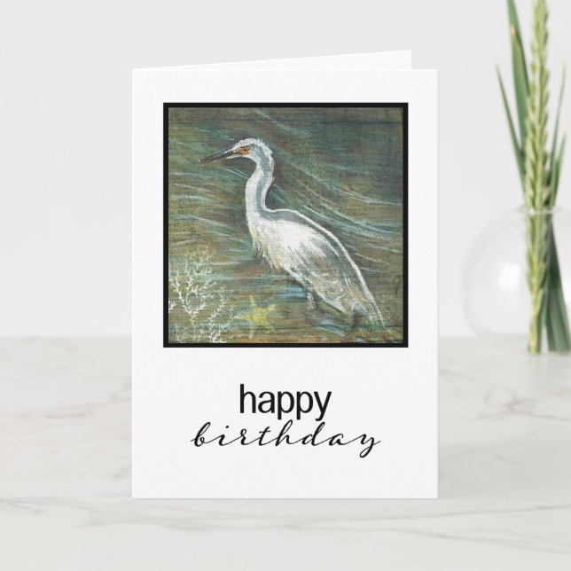 Painting Of Egret In Water Happy Birthday Card (Front)
