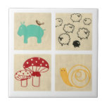 Painting of Four Children's Wood Blocks Tile<br><div class="desc">A whimsical painting of four children's wood blocks featuring a hippo,  a snail,  some sheep,  and a couple of mushrooms. Buy this print and place it in your kids' nursery,  or give it as a gift to someone who is expecting!</div>