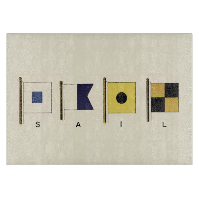 Painting of Four Flags with Sail Written Beneath Cutting Board (Front)