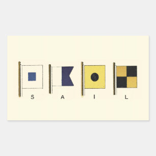 Painting of Four Flags with Sail Written Beneath Rectangular Sticker