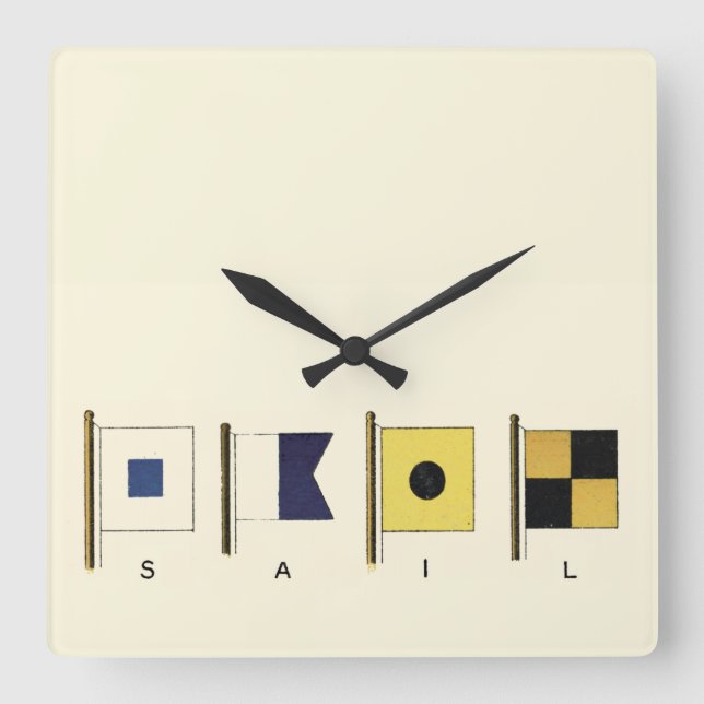 Painting of Four Flags with Sail Written Beneath Square Wall Clock (Front)