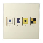 Painting of Four Flags with Sail Written Beneath Tile<br><div class="desc">A not so subtle entreaty to travel the seas,  this painting features four flags with the word "sail" written beneath them. Do you feel the call of the ocean? A perfect gift for that special someone you want to take a cruise with you!</div>
