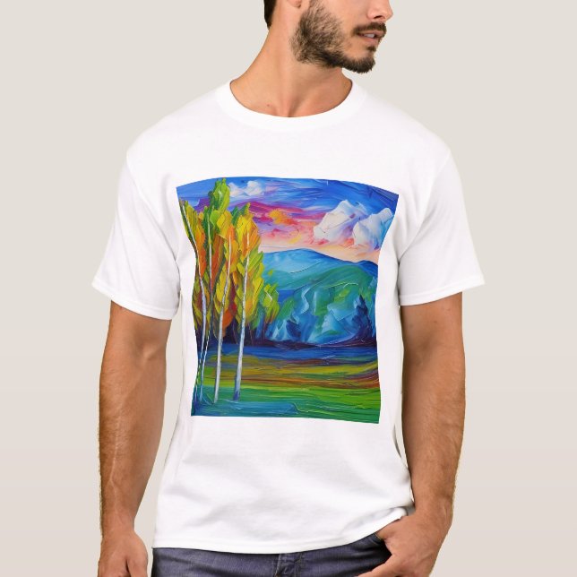 Painting of green trees blue mountains   T-Shirt (Front)