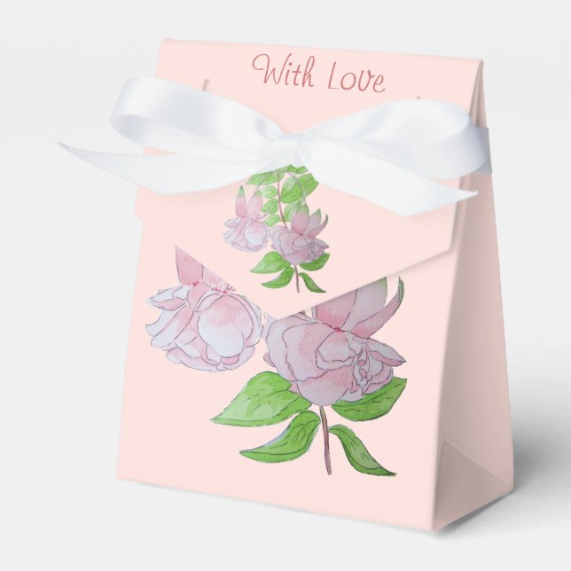 painting of leaves and pretty pink flowers favour box (Front Side)