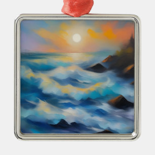 Painting of light blue sea waves under the sun metal tree decoration